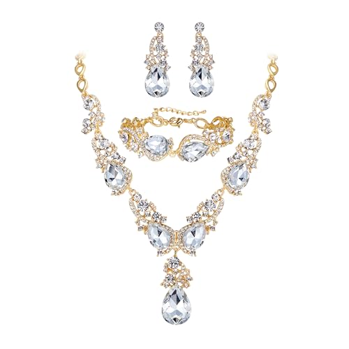 Wedding Bridal Jewelry Set for Women Prom Party Accessories | Shiny Multi Teardrop Cluster Crystal Statement Necklace Dangle Earrings Link Bracelet Set for Bride Bridesmaid - color: Clear Gold-Plated-Base