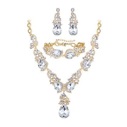 Wedding Bridal Jewelry Set for Women Prom Party Accessories | Shiny Multi Teardrop Cluster Crystal Statement Necklace Dangle Earrings Link Bracelet Set for Bride Bridesmaid - color: Clear Gold-Plated-Base