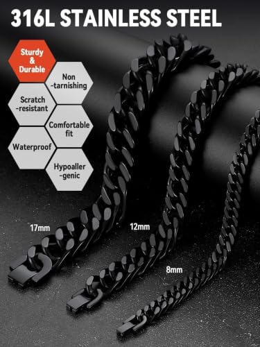 FaithHeart Mens Stainless Steel Cuban Link Bracelet, Tarnish Resistant | 6/8/12/17mm Silver/Black/Gold Sturdy Hip Hop Wrist Chain Bracelets Daily Wear with Gift Box, 7.5"/8.3"/9.1" Length - color: Black-12mm Width, size: Length 7.5 Inches