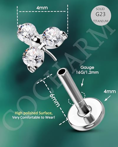 Cocharm G23 Titanium Helix Cartilage Piercing Jewelry 16g Threadless Tragus Earring Stud Flat Back Triangle Flower Push Pin Helix Jewelry Surgical Steel 6mm/8MM 16 Gauge Stud - style: Clear CZ-6mm