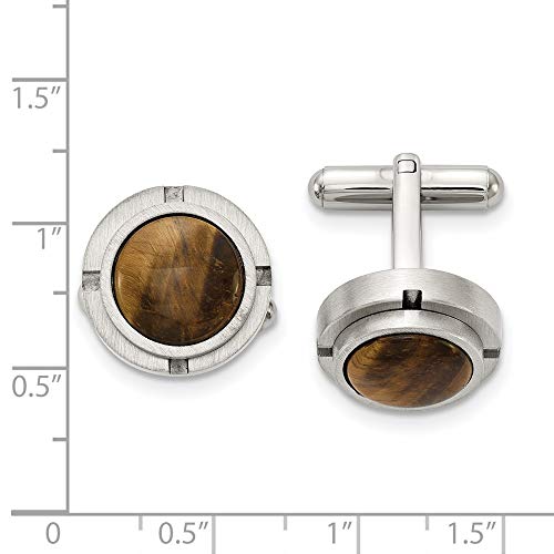 Stainless Steel & Brown Tiger's Eye Brushed Round Cuff Links, 17mm
