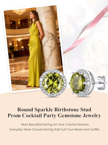 Bestyle Authentic 925 Sterling Silver 2 Carat Birthstone Earrings for Women, More Sparkle Heart/Round Solitaire Diamond Studs Earrings, Great Birthday/Christmas/Anniversary Jewelry for Wife Mother - color: 08. Aug.Peridot-Round