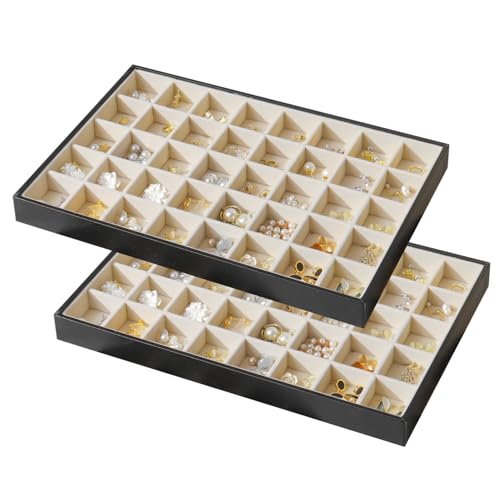 Large Jewelry Organizer Tray for Drawer Inserts 2 Pack | Stackable Jewelry Storage PU Leather Velvet Jewellery Display Case for Earring Bracelet Necklace (Black Beige, 40 Grids) - color: Black Beige, size: 40 Grids