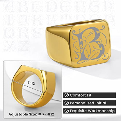 GoldChic Jewelry Personalized Signet Rings Men Women, Stainless Steel Custom Photo Bold Square/Oval Monogram/Old English Initial Pinky Stacking Statement Ring in Black/Silver/Gold (Size 7-14) - color: Gold-Initial -Square