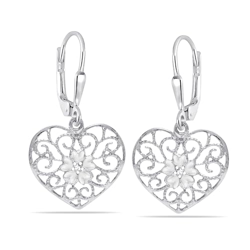 LeCalla 925 Sterling Silver Leverback Drop Earrings | Lightweight Italian Teardrop Dangle Earring for Women - color: Filigree Heart Drop