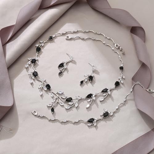 Cubic Zirconia Leaf Vine Wedding Jewelry Set for Bride Women Bridesmaid | Pear-Shaped Birthstone, Necklace Dangle Earrings for Bridesmaid, Silver-Plated-Brass - color: 3pcs_Black
