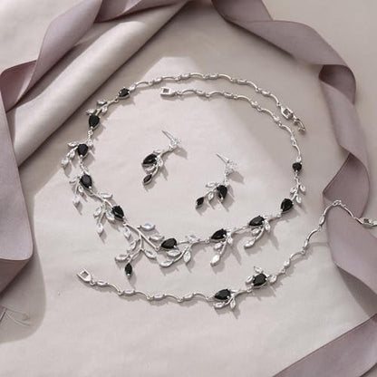 Cubic Zirconia Leaf Vine Wedding Jewelry Set for Bride Women Bridesmaid | Pear-Shaped Birthstone, Necklace Dangle Earrings for Bridesmaid, Silver-Plated-Brass - color: 3pcs_Black