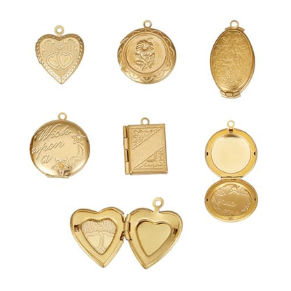 NICENEEDED 5 PCS 5 Style Copper Gold Locket Pendants, Small Heart Photo Frame Charms Metal Oval Memory Locket Charms, Square Picture Frame Bouquet Charm for DIY Jewelry Making