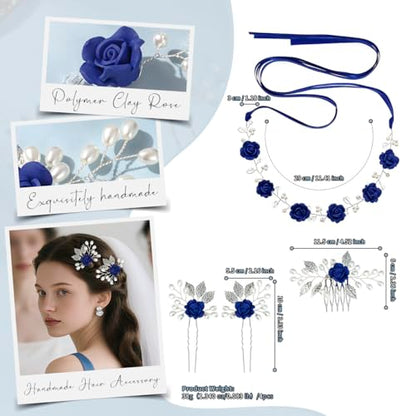 Wedding Hair Accessories Hair pieces Set Crystal bridal hair pins Rhinestone Pearl hair comb Brides and Bridesmaids, Girls, Women(（4PCS/SET BLUE) - color: blue