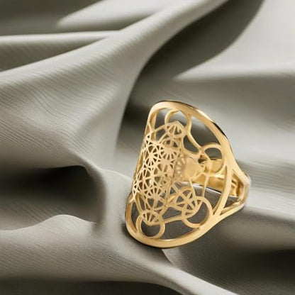 Metatron's Cube Ring Angel Seal Archangel Metatron Cube Protection Statement Hollowed Out Womens Stainless Steel Open Band Ring Jewelry - color: Gold