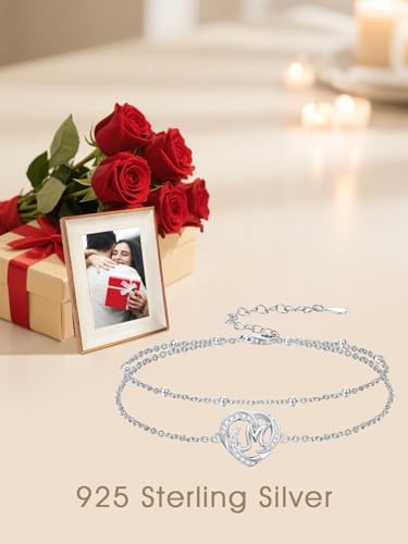 Dorunmo Initial Anklet 925 Sterling Silver Letter A-Z Layered Heart Anklet Beach Jewelry Birthday Gifts for Women - color: M