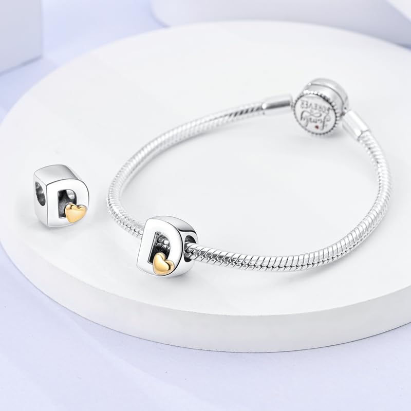 Women 925 Sterling Silver Charms A-Z Heart Letters Beads Pendant for Bracelets Women Fit Pandora Bracelets Hypoallergenic Beads - color: D