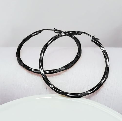 Hoops & Loops 925 Sterling Silver Twisted Hoop Earrings for Women - Hypoallergenic 14K Gold, Rose Gold, Black Flash Plated 2mm Thin Twist Design Round Click-Top Hoops, 15/20/25/30/35/40/50/60mm - color: Black-45mm(1.77 inch)