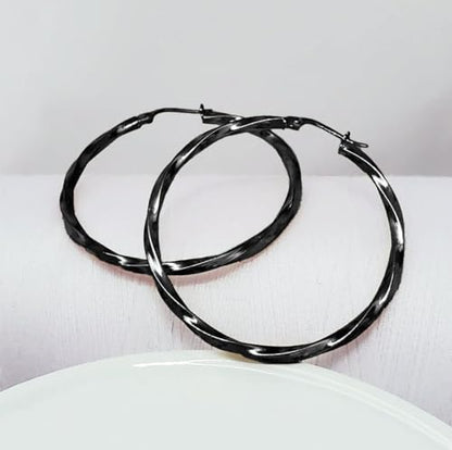 Hoops & Loops 925 Sterling Silver Twisted Hoop Earrings for Women - Hypoallergenic 14K Gold, Rose Gold, Black Flash Plated 2mm Thin Twist Design Round Click-Top Hoops, 15/20/25/30/35/40/50/60mm - color: Black-45mm(1.77 inch)