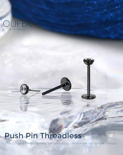 OUFER 2Pcs 20G/18G/16G G23 Titanium Threadless Nose Stud Earrings Flat Back Tiny CZ Small Nose Helix Cartilage Tragus Conch Labret Medusa Monroe Piercing Jewelry for Women Men - color: Black, size: 2pcs, 16g 5mm, 2mm cz