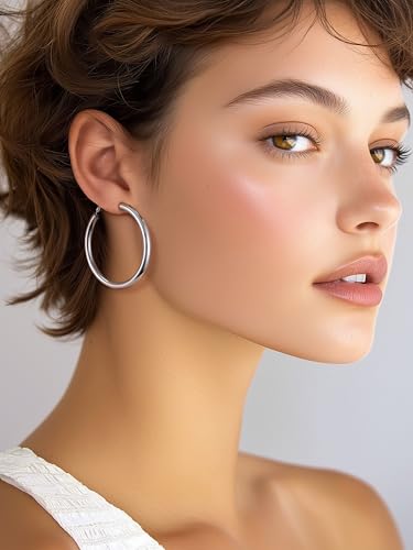 PROSTEEL Chunky Hoop Earrings for Women 14K Gold Plated/Black/Silver | 20/30/40/50/60/70/80mm Stainless Steel Thick Big Round Hoop with Waterproof and Non Tarnish Trendy Jewelry with Gift Box - color: 1. Silver, size: 60MM