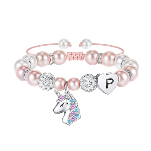 Hidepoo Gifts for Kids Girls - Unicorn Bracelets for Girls Kids, CZ Initial Unicorns Bracelet Adjustable Heart Initial Unicorn Bracelets Jewelry Birthday Gifts for Girl - style: P