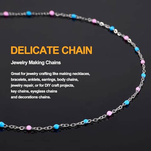 5M Pink and Blue Beaded Jewelry Chains for Crafts DIY with Clasps Supplies | Silver Cable Chain Spool on Bulk Stainless Steel Jewelry Making Chains for Handcraft Make - color: silver-blue pink