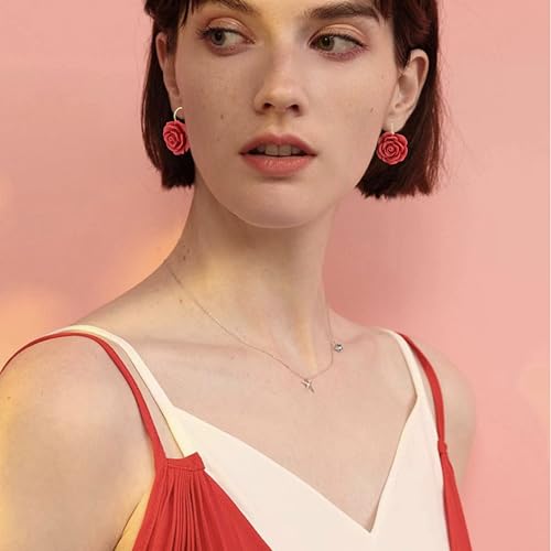 Handmade Bohemian Aesthetic Dainty Acrylic Flower Petal Leverback Earrings Sparkly 14K Gold Floral Dangle Drop Earrings for Women - color: Red