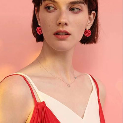 Handmade Bohemian Aesthetic Dainty Acrylic Flower Petal Leverback Earrings Sparkly 14K Gold Floral Dangle Drop Earrings for Women - color: Red