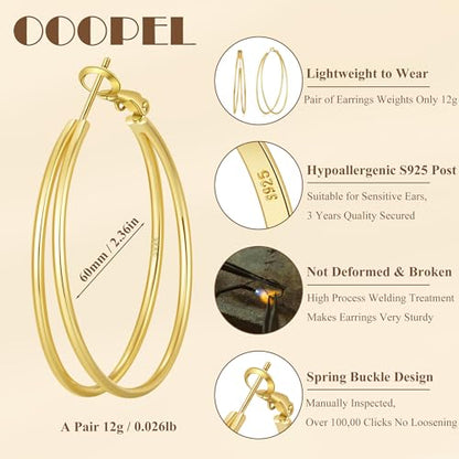 Large Thin Double Hoop Earrings for Women Lightweight Hypoallergenic 925 Sterling Silver Post 14K Gold Hoops Non Tarnish Sturdy Big Thin Double Layered Hoop Earrings 30/40/50/60mm - color: Gold, size: 60mm