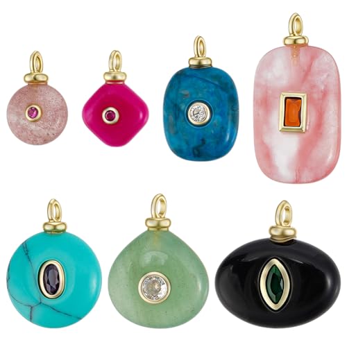 BENECREAT 7 Pcs Natural Stone Pendant, 7 Styles Smooth Polished Gemstone Charms with Real 18K Gold Plated Brass Findings for Jewelry Making DIY Necklace Earrings