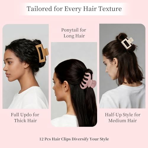 Small Medium Claw Clips for Women, 3 Styles Hair Clips for Thick and Thin Hair, Non-slip Strong Hold, 12 Pcs (White,Pink,Khaki,Brown) - color: White,Pink,Khaki,Brown