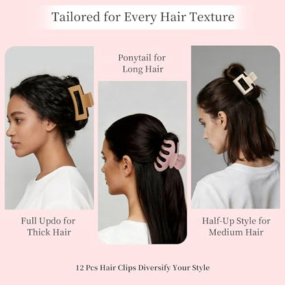 Small Medium Claw Clips for Women, 3 Styles Hair Clips for Thick and Thin Hair, Non-slip Strong Hold, 12 Pcs (White,Pink,Khaki,Brown) - color: White,Pink,Khaki,Brown