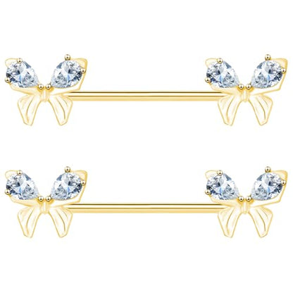 VERAMI 14G Stainless Steel Heart Nipple Rings and Barbell - Butterfly, Starlight Acrylic Ball, Tongue Rings for Women and Men - color: Gold butterfly