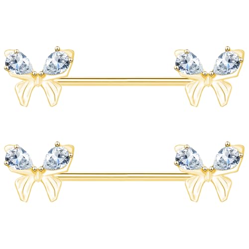 VERAMI 14G Stainless Steel Heart Nipple Rings and Barbell - Butterfly, Starlight Acrylic Ball, Tongue Rings for Women and Men - color: Gold butterfly