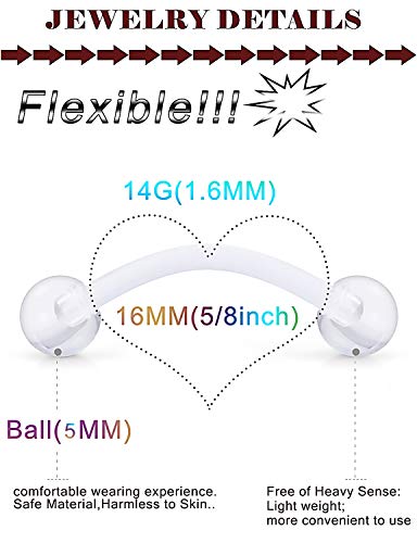 Prjndjw 14G 16mm 48Pcs Glow in The Dark Flexible Plastic Acrylic Curved Barbell Snake Eyes Tongue Nipple Ring Body Piercing Jewelry Retainer for Women Men