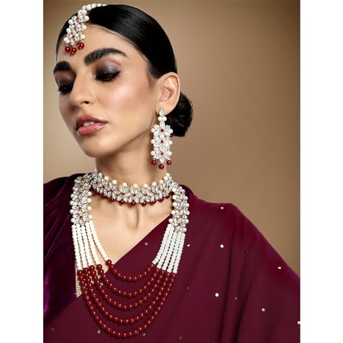Aheli Wedding Party Wear Bridal Jewellery Choker Long Pearl Necklace Earrings Maang Tikka Indian Traditional Set Gift for Women - color: Maroon 3