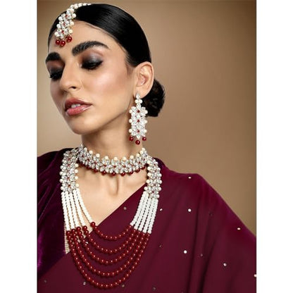 Aheli Wedding Party Wear Bridal Jewellery Choker Long Pearl Necklace Earrings Maang Tikka Indian Traditional Set Gift for Women - color: Maroon 3