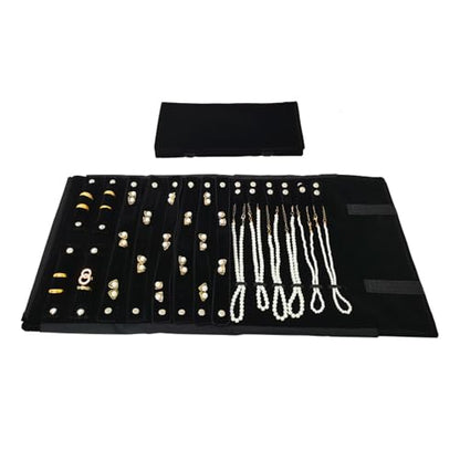 Velvet Travel Jewelry Case Roll Bag Organizer for Necklace Bracelet Earrings Ring (Black) (Black(2+6+6)) - color: Black (2+6+6)