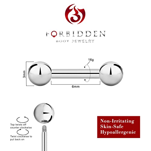 Forbidden Body Jewelry nipple barbell, nipple bars, silver nipplerings piercing Surgical Steel 8g - 18g Straight Barbell Body Jewelry (Sold Individually) - style: 16G 6mm (1/4") 3mm Balls