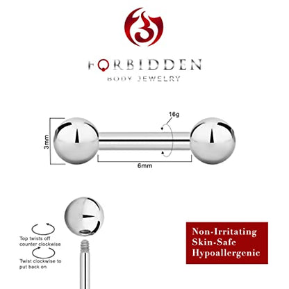 Forbidden Body Jewelry nipple barbell, nipple bars, silver nipplerings piercing Surgical Steel 8g - 18g Straight Barbell Body Jewelry (Sold Individually) - style: 16G 6mm (1/4") 3mm Balls