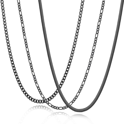 Zocomi 3 PCS Chain Necklace for Men Women, Stainless Steel Cuban Link/Figaro/Herringbone Chains Set Jewelry Gifts, 16/18/20/22/24 Inches - color: Black, size: 16 inch (41cm)Recommended for ages 8 to 12