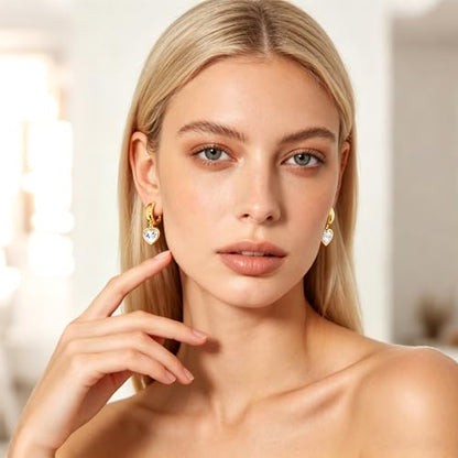 Gold Huggie Earrings for Women Chunky Hoop with Heart Crystal Dangle 14K Gold Plated Statement Drop Earrings Trendy Jewelry for Her