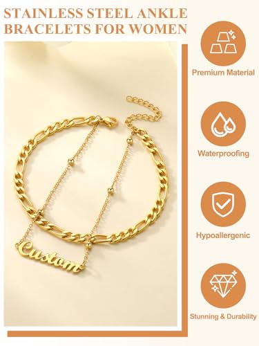 Custom4U Custom Name Anklet Bracelets for Women Waterproof Beaded/Figaro/Cuban/Rope/Wheat Chain Anklet Stackable Gold Plated Non Tarnish Custom Beach Gift Barefoot Summer Jewelry for Her - color: C01-Gold Figaro Chain