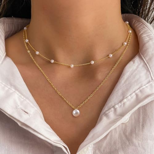 Zeffy Gold Pearl Necklace for Women, Dainty 14K Gold/Silve Plated Layered Pearl Choker Pearl Earrings Pearl Bracelets Wedding Trendy Gold Jewelry Set for Women Gifts - style: Gold Pearl Necklace-2PCS