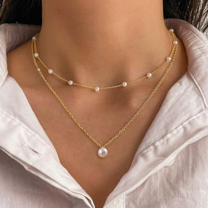 Zeffy Gold Pearl Necklace for Women, Dainty 14K Gold/Silve Plated Layered Pearl Choker Pearl Earrings Pearl Bracelets Wedding Trendy Gold Jewelry Set for Women Gifts - style: Gold Pearl Necklace-2PCS