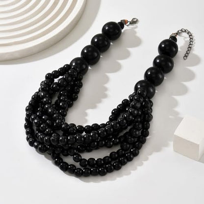 Handmade Layered Wood Bead Necklace for Women - Chunky African Statement Necklace, Natural Khaki Beaded Jewelry, Hypoallergenic & Skin-Safe for Sensitive Skin, Boho Rainbow Inspired Chunky Collar Necklace - color: Black