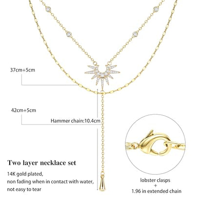 Dochais Dainty Gold Layered Necklace for Women, 14K Gold Plated Y Necklace & Chain, Dainty Lariat Long Necklaces, Trendy Cubic Zirconia Choker, Sun, Heart, Pearl & Cross Pendant Necklace, Jewelry Gift - color: Y Layered CZ Drop Sun Lariat-GD