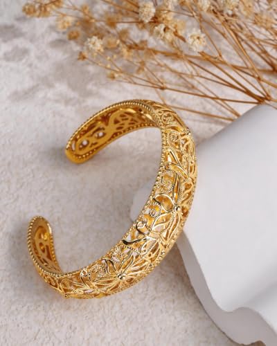 Intricate Floral Pattern Cuff Bracelet for Women - Sterling Silver Bangle, Bohemian Chunky Wide Bracelet Silver & Gold - color: Gold-A