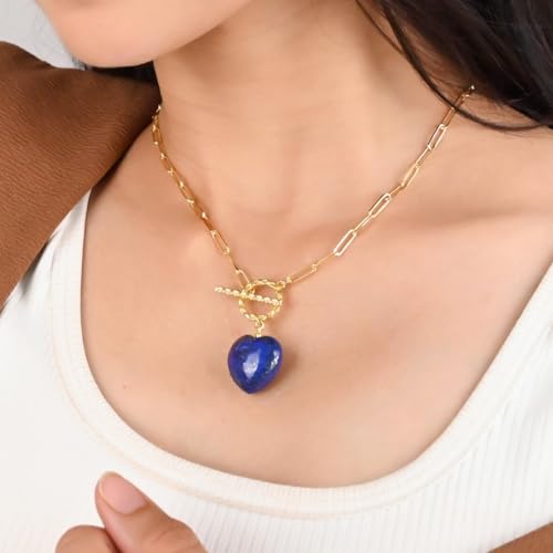 Gempires Gemstone Heart Pendant Necklace for Women, Gold Toggle Birthstone | Handmade gemstone heart pendant necklace — choose from 11 stones and birthstones, gold toggle paperclip chain. - color: Lapis Lazuli