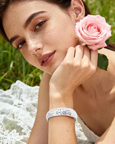 Intricate Floral Pattern Cuff Bracelet for Women - Sterling Silver Bangle, Bohemian Chunky Wide Bracelet Silver & Gold - color: Silver