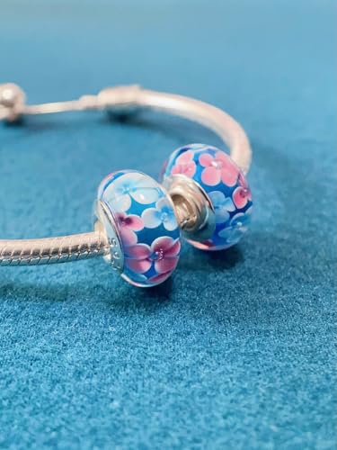 2pcs Authentic 925 Silver Murano Glass Flower Charms for Pandora Bracelets - color: 03-Pink & White flowers