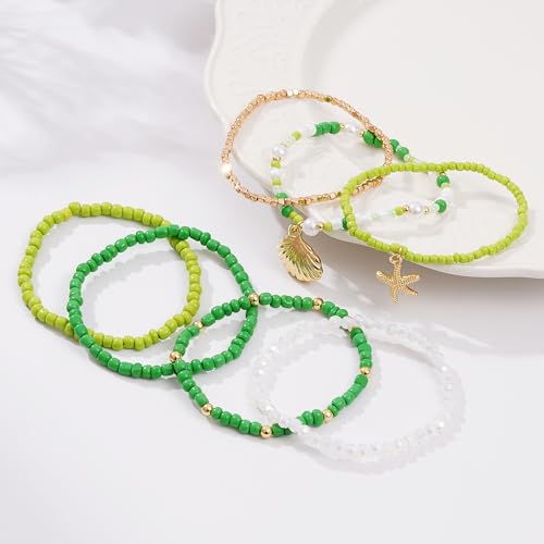 LALAPPLE Shell Bracelet Boho Beaded Stretch Bracelets for Women Seashell Strand Bracelets Starfish Charm Jewelry Summer Beach Jewelry Stackable Crystal Gold Plated Beads Bracelet for Women - style: Style5