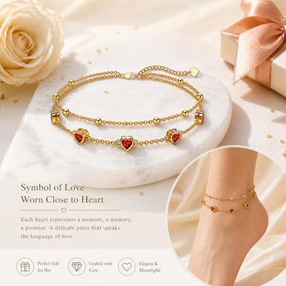 Midari 18K Yellow Gold Gemstone Birthstone Anklet Bracelet Heart Jewelry with 12 Months Birthstone Birthday Gifts for Women Wife Her Daughter Mom - color: 01-Jan-Garnet, size: Anklet 9"-11"