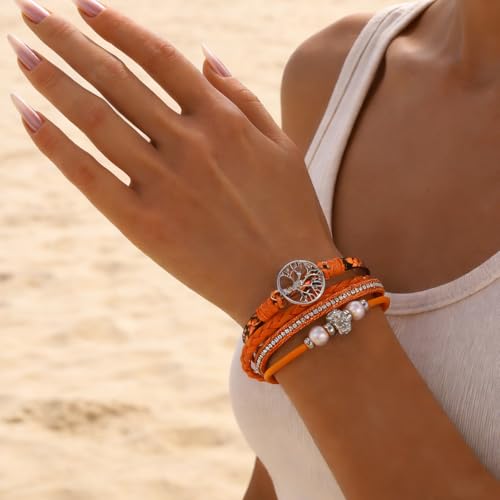 hotoo Leather Wrap Bracelets for Women Tree of Life Cuff Bracelets Pearl Rhinestone Bead Multi-Layer Bracelets Bohemian Jewelry Gift for Women - color: Orange